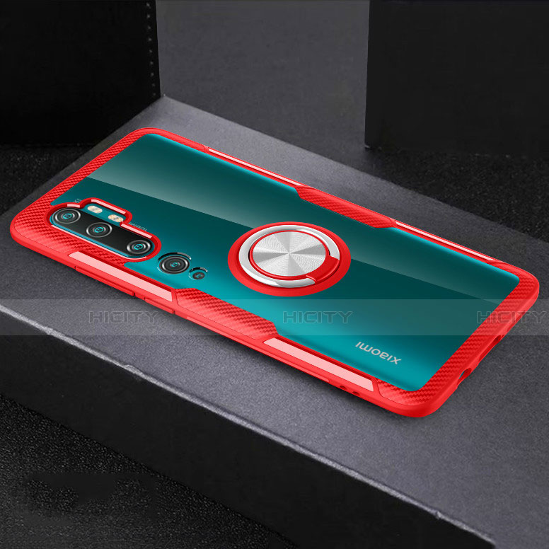 Funda Silicona Ultrafina Carcasa Transparente con Magnetico Anillo de dedo Soporte D01 para Xiaomi Mi Note 10 Pro Rojo