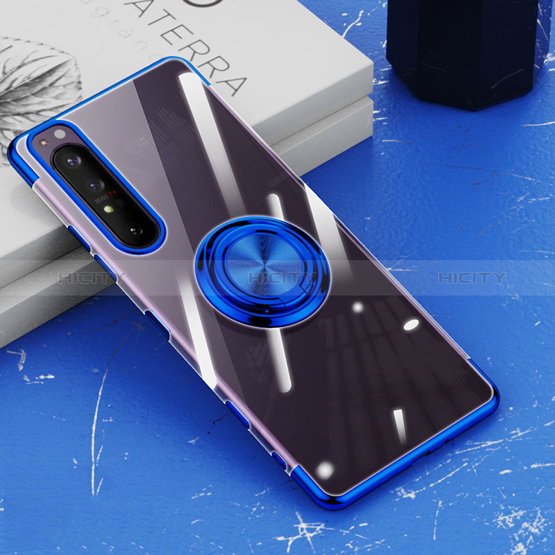 Funda Silicona Ultrafina Carcasa Transparente con Magnetico Anillo de dedo Soporte para Sony Xperia 1 III Azul