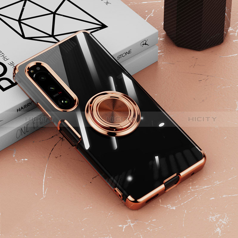 Funda Silicona Ultrafina Carcasa Transparente con Magnetico Anillo de dedo Soporte para Sony Xperia 1 IV Oro Rosa