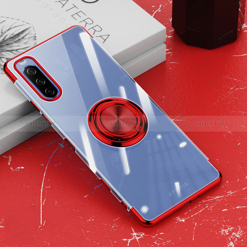 Funda Silicona Ultrafina Carcasa Transparente con Magnetico Anillo de dedo Soporte para Sony Xperia 10 III SOG04 Rojo