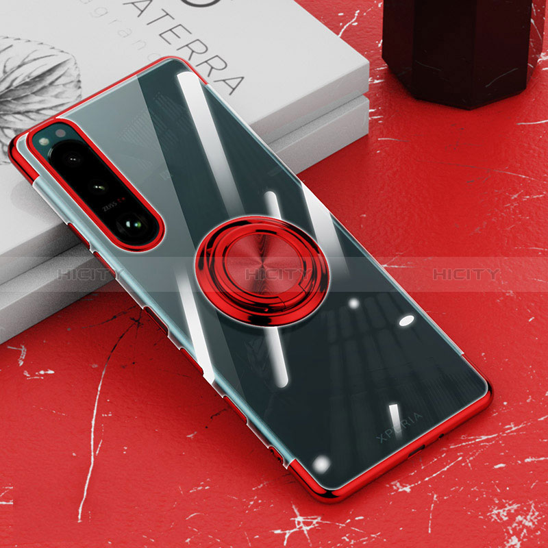 Funda Silicona Ultrafina Carcasa Transparente con Magnetico Anillo de dedo Soporte para Sony Xperia 5 III SO-53B Rojo