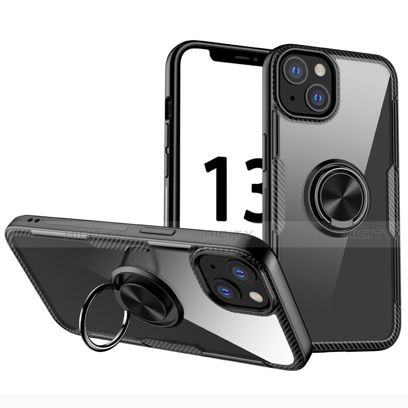 Funda Silicona Ultrafina Carcasa Transparente con Magnetico Anillo de dedo Soporte S01 para Apple iPhone 13 Mini Negro