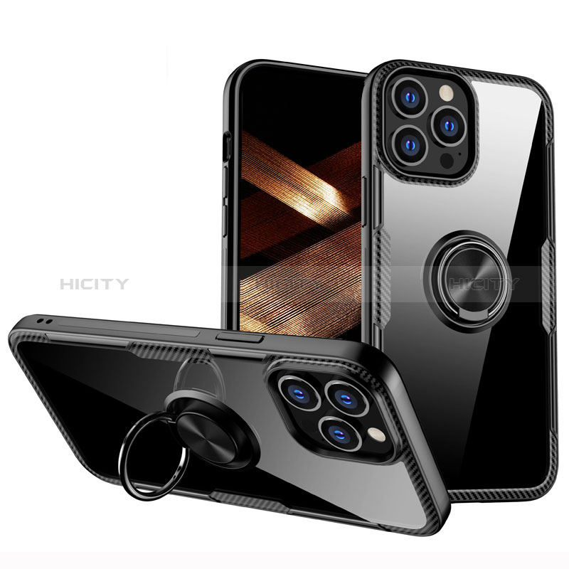 Funda Silicona Ultrafina Carcasa Transparente con Magnetico Anillo de dedo Soporte S01 para Apple iPhone 14 Pro Max Negro