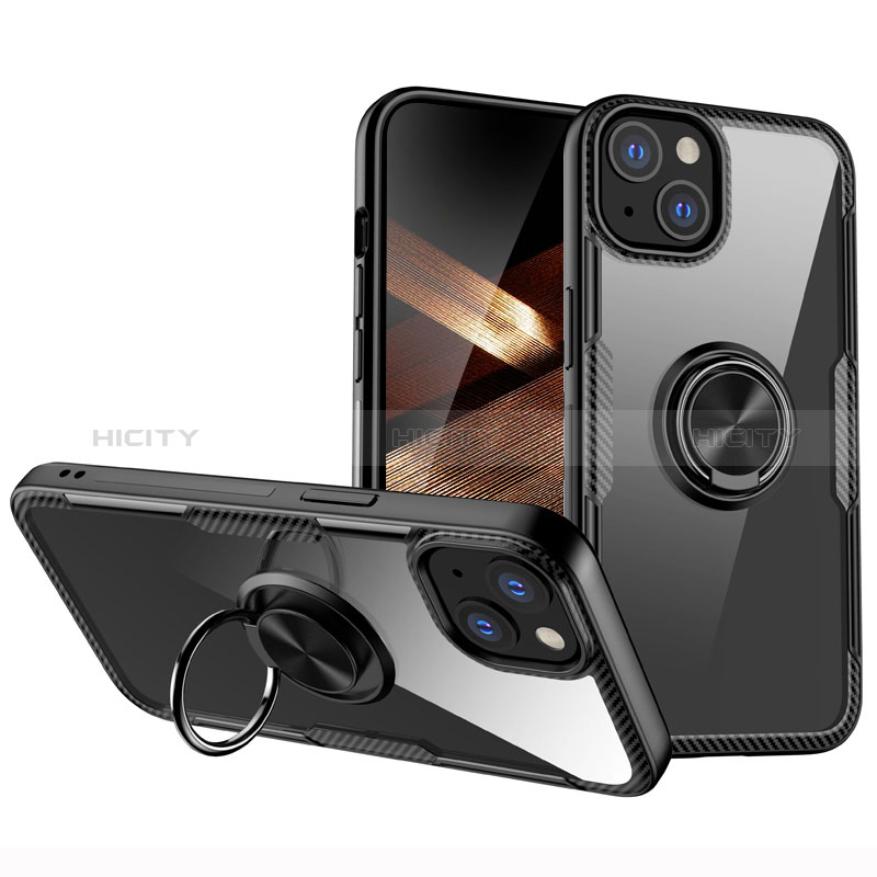 Funda Silicona Ultrafina Carcasa Transparente con Magnetico Anillo de dedo Soporte S01 para Apple iPhone 15 Negro