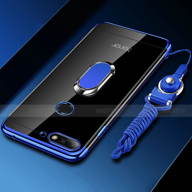 Funda Silicona Ultrafina Carcasa Transparente con Magnetico Anillo de dedo Soporte S01 para Huawei Enjoy 8e Azul