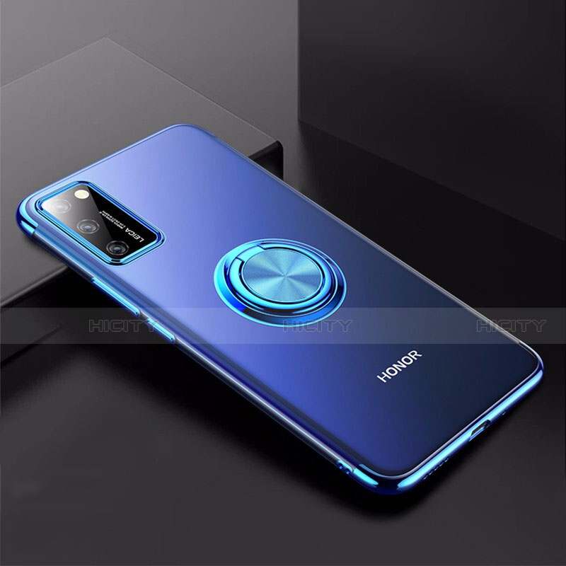 Funda Silicona Ultrafina Carcasa Transparente con Magnetico Anillo de dedo Soporte S01 para Huawei Honor V30 5G Azul