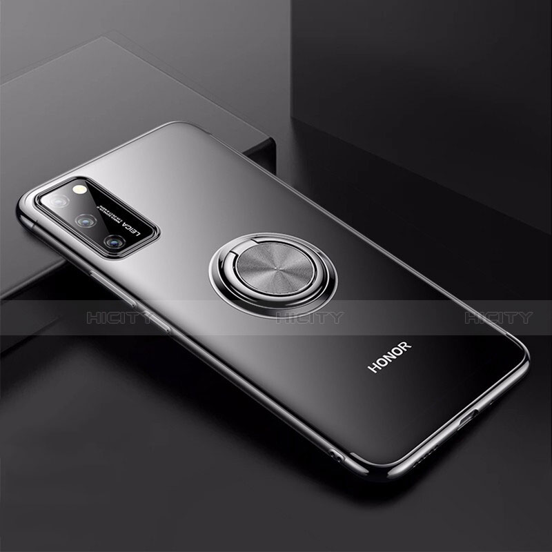 Funda Silicona Ultrafina Carcasa Transparente con Magnetico Anillo de dedo Soporte S01 para Huawei Honor V30 5G Negro