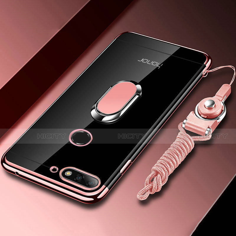 Funda Silicona Ultrafina Carcasa Transparente con Magnetico Anillo de dedo Soporte S01 para Huawei Y6 Prime (2018) Oro Rosa