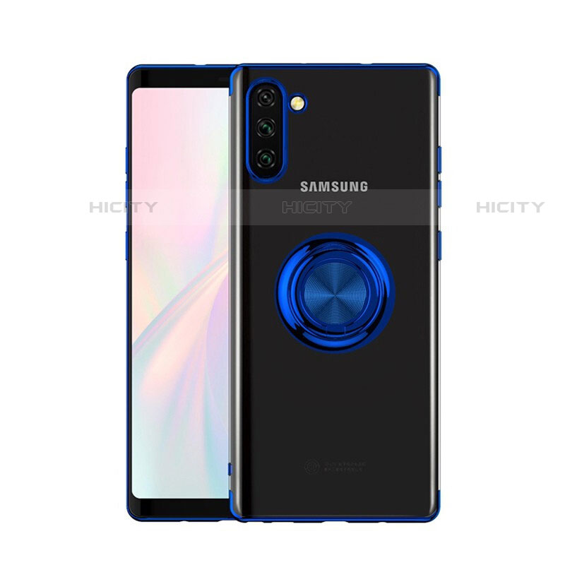 Funda Silicona Ultrafina Carcasa Transparente con Magnetico Anillo de dedo Soporte S01 para Samsung Galaxy Note 10 Azul
