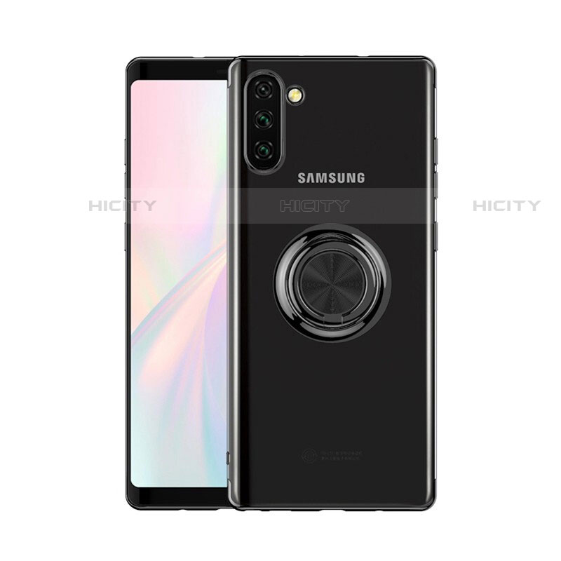 Funda Silicona Ultrafina Carcasa Transparente con Magnetico Anillo de dedo Soporte S01 para Samsung Galaxy Note 10 Negro