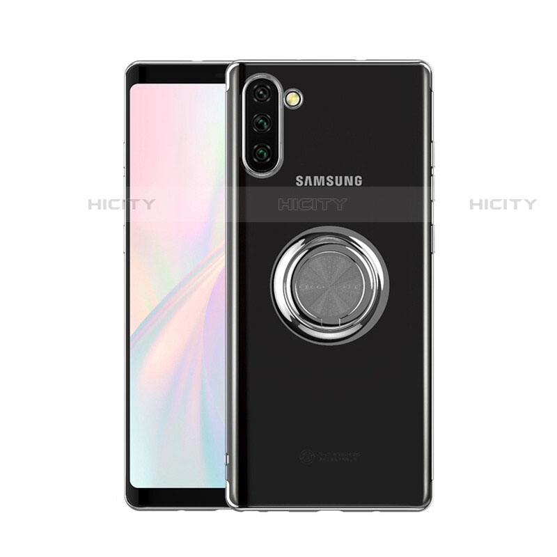 Funda Silicona Ultrafina Carcasa Transparente con Magnetico Anillo de dedo Soporte S01 para Samsung Galaxy Note 10 Plata