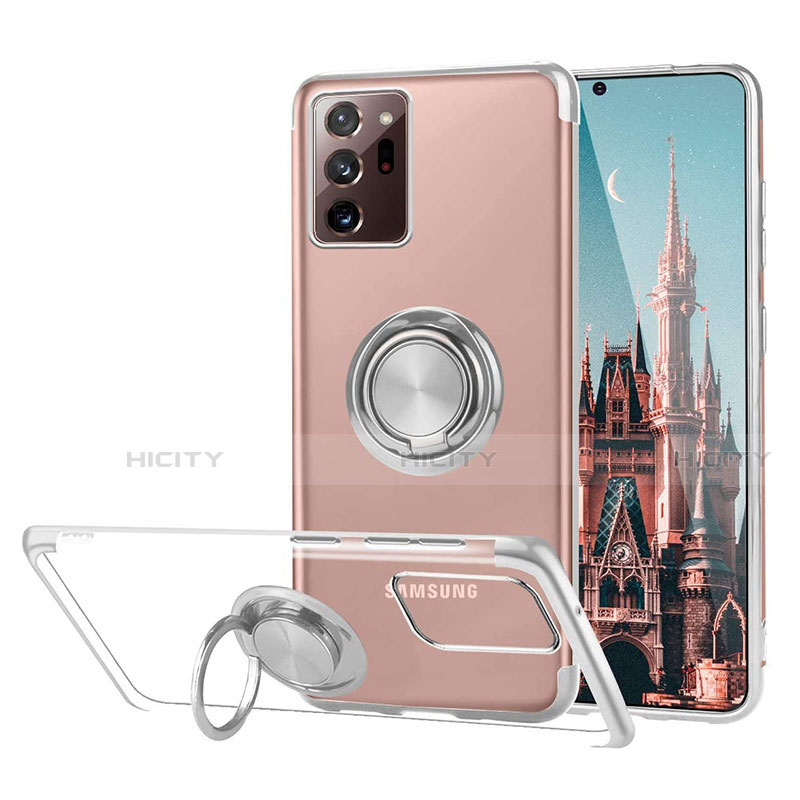 Funda Silicona Ultrafina Carcasa Transparente con Magnetico Anillo de dedo Soporte S01 para Samsung Galaxy Note 20 Ultra 5G Plata