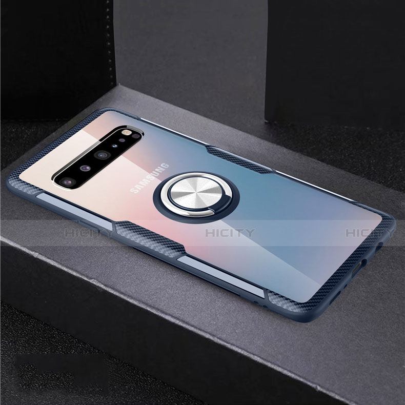 Funda Silicona Ultrafina Carcasa Transparente con Magnetico Anillo de dedo Soporte S01 para Samsung Galaxy S10 5G SM-G977B Azul