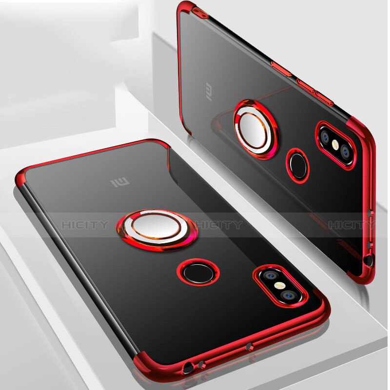 Funda Silicona Ultrafina Carcasa Transparente con Magnetico Anillo de dedo Soporte S01 para Xiaomi Mi Max 3 Rojo