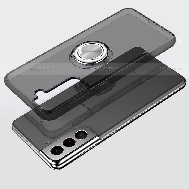 Funda Silicona Ultrafina Carcasa Transparente con Magnetico Anillo de dedo Soporte S02 para Samsung Galaxy S21 5G Gris