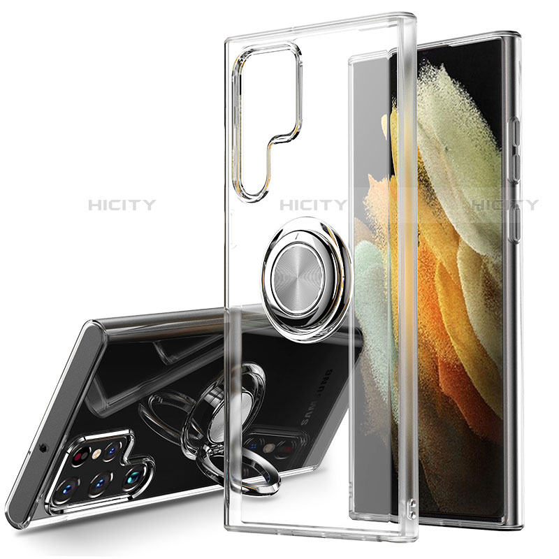 Funda Silicona Ultrafina Carcasa Transparente con Magnetico Anillo de dedo Soporte S04 para Samsung Galaxy S23 Ultra 5G Claro