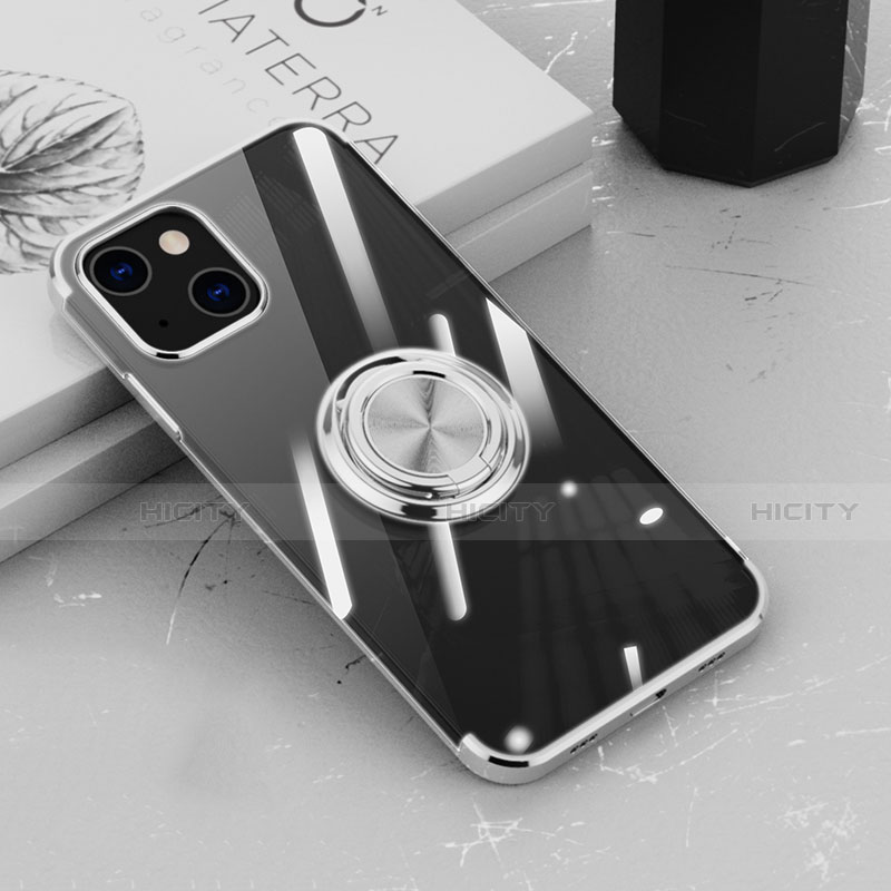 Funda Silicona Ultrafina Carcasa Transparente con Magnetico Anillo de dedo Soporte Z02 para Apple iPhone 15 Plata