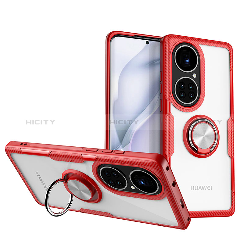 Funda Silicona Ultrafina Carcasa Transparente con Magnetico Anillo de dedo Soporte ZL1 para Huawei P50 Rojo