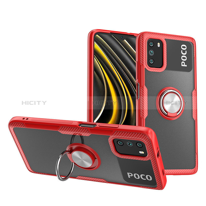 Funda Silicona Ultrafina Carcasa Transparente con Magnetico Anillo de dedo Soporte ZL1 para Xiaomi Poco M3 Rojo