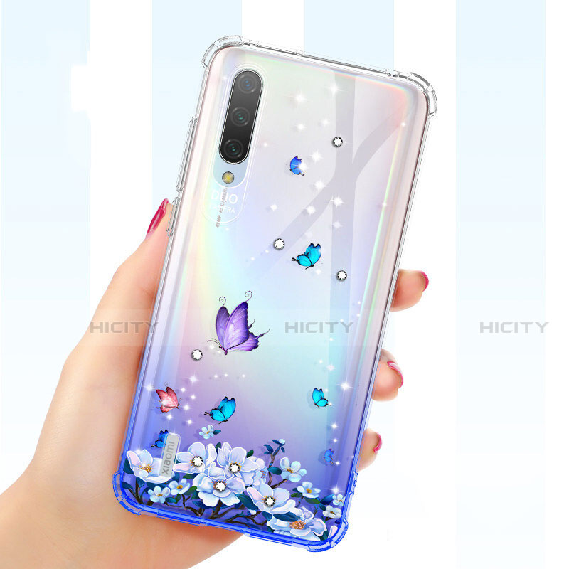 Funda Silicona Ultrafina Carcasa Transparente Flores para Xiaomi Mi A3 Azul