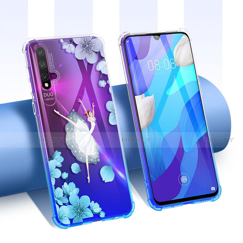 Funda Silicona Ultrafina Carcasa Transparente Flores T01 para Huawei Nova 5 Pro Azul