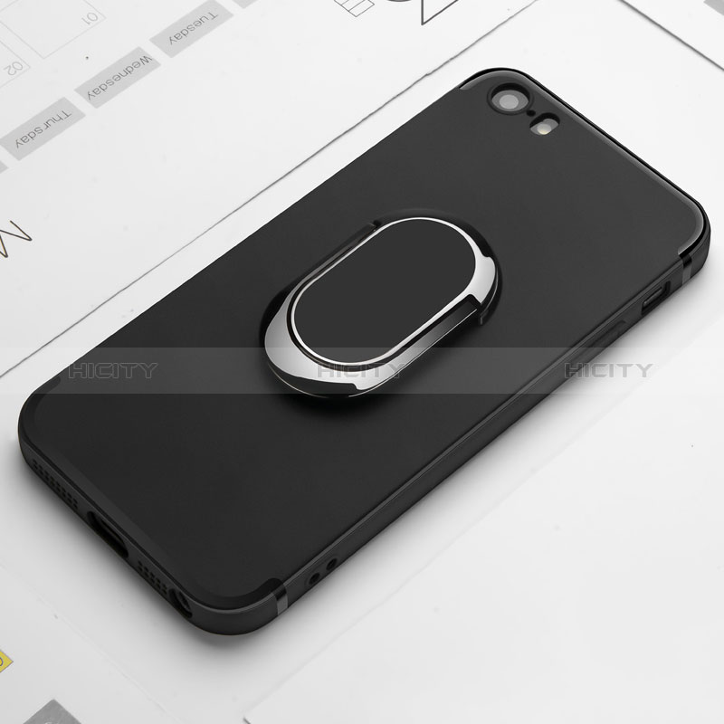 Funda Silicona Ultrafina Goma con Anillo de dedo Soporte A01 para Apple iPhone 5S Negro