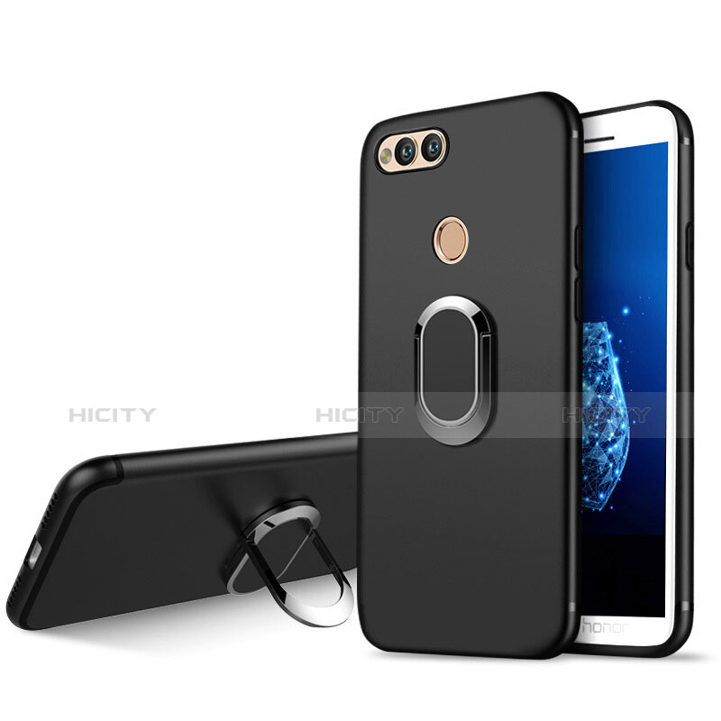 Funda Silicona Ultrafina Goma con Anillo de dedo Soporte A01 para Huawei Honor 7X Negro