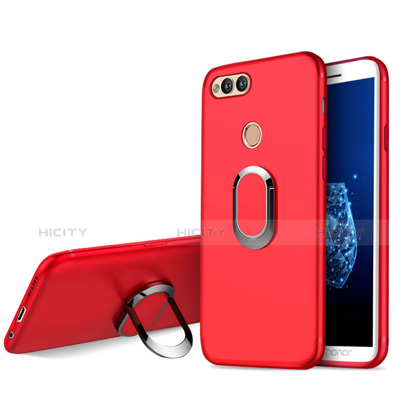 Funda Silicona Ultrafina Goma con Anillo de dedo Soporte A01 para Huawei Honor 7X Rojo