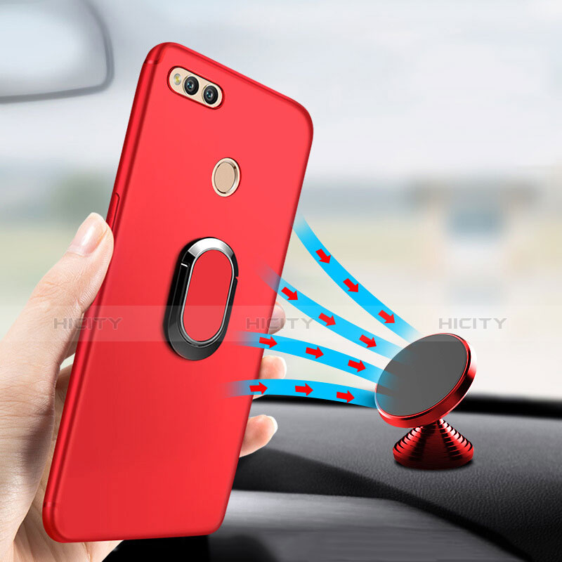 Funda Silicona Ultrafina Goma con Anillo de dedo Soporte A01 para Huawei Honor 7X Rojo