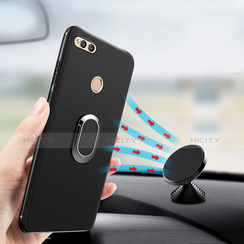 Funda Silicona Ultrafina Goma con Anillo de dedo Soporte A01 para Huawei Honor Play 7X Negro