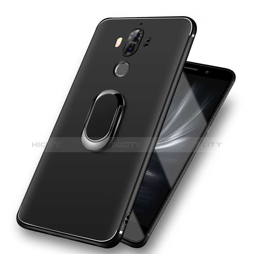 Funda Silicona Ultrafina Goma con Anillo de dedo Soporte A03 para Huawei Mate 9 Negro