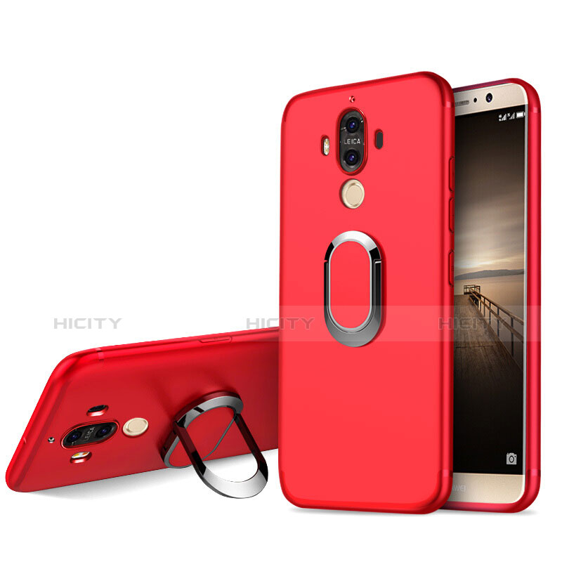 Funda Silicona Ultrafina Goma con Anillo de dedo Soporte A04 para Huawei Mate 9 Rojo