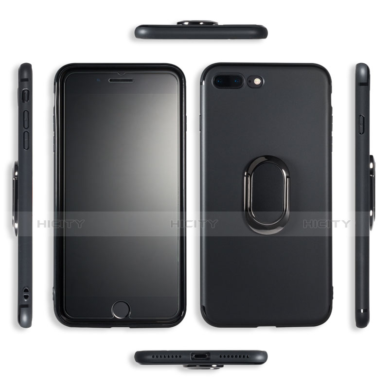 Funda Silicona Ultrafina Goma con Anillo de dedo Soporte para Apple iPhone 7 Plus Negro