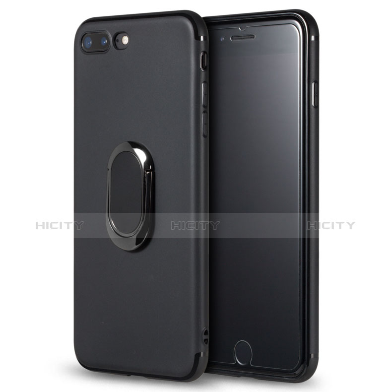 Funda Silicona Ultrafina Goma con Anillo de dedo Soporte para Apple iPhone 7 Plus Negro