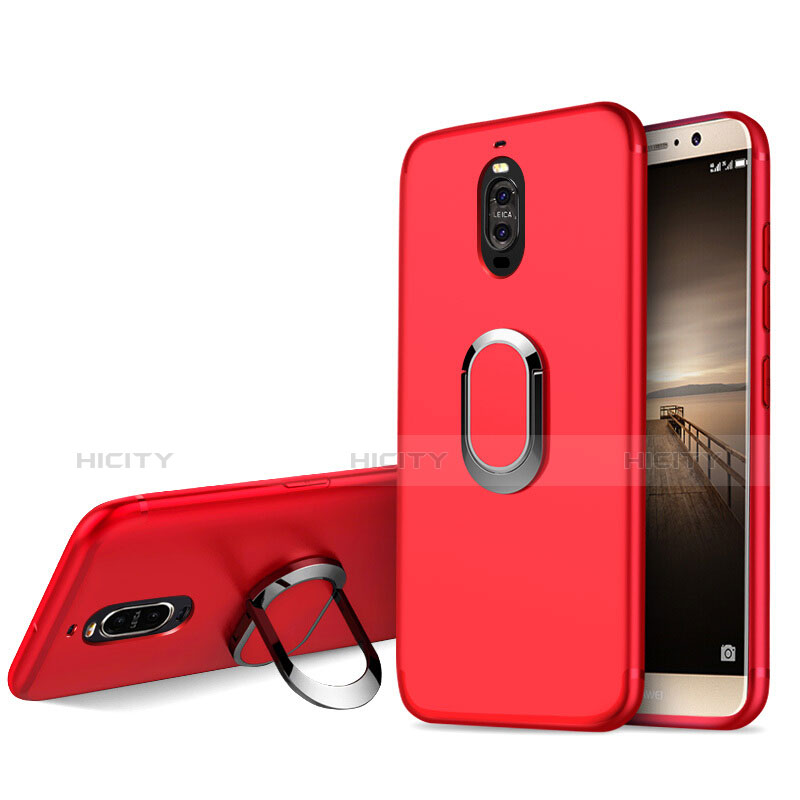 Funda Silicona Ultrafina Goma con Anillo de dedo Soporte para Huawei Mate 9 Pro Rojo