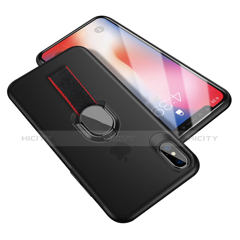 Funda Silicona Ultrafina Goma con Anillo de dedo Soporte T01 para Apple iPhone X Negro