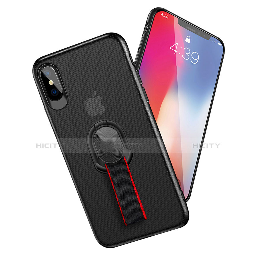 Funda Silicona Ultrafina Goma con Anillo de dedo Soporte T01 para Apple iPhone X Negro