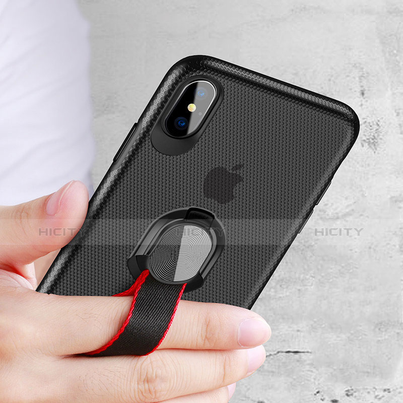 Funda Silicona Ultrafina Goma con Anillo de dedo Soporte T01 para Apple iPhone X Negro