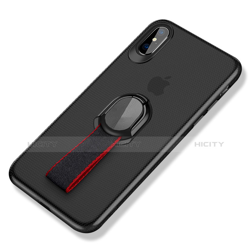 Funda Silicona Ultrafina Goma con Anillo de dedo Soporte T01 para Apple iPhone X Negro