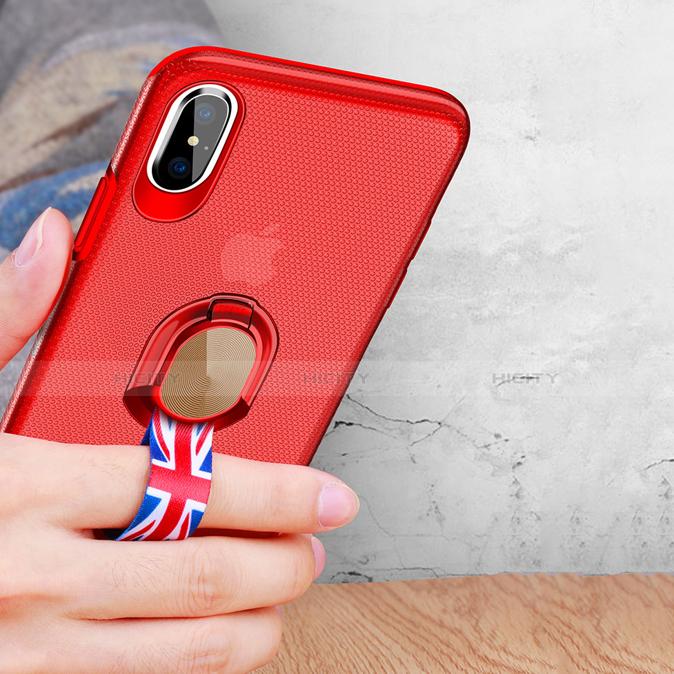 Funda Silicona Ultrafina Goma con Anillo de dedo Soporte T01 para Apple iPhone X Rojo