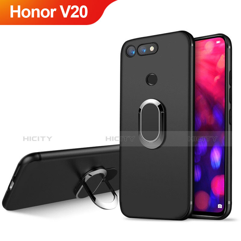 Funda Silicona Ultrafina Goma con Magnetico Anillo de dedo Soporte para Huawei Honor V20 Negro