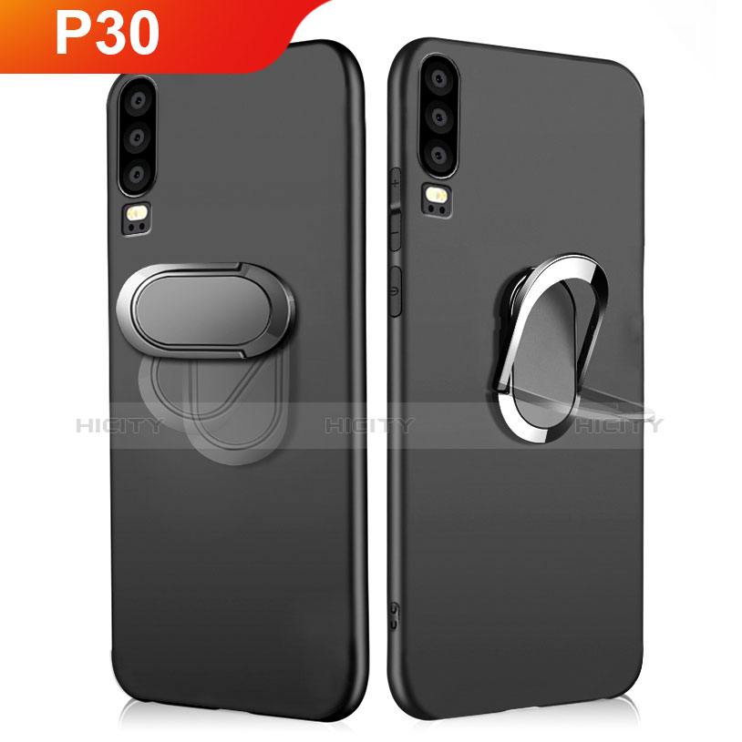 Funda Silicona Ultrafina Goma con Magnetico Anillo de dedo Soporte para Huawei P30 Negro