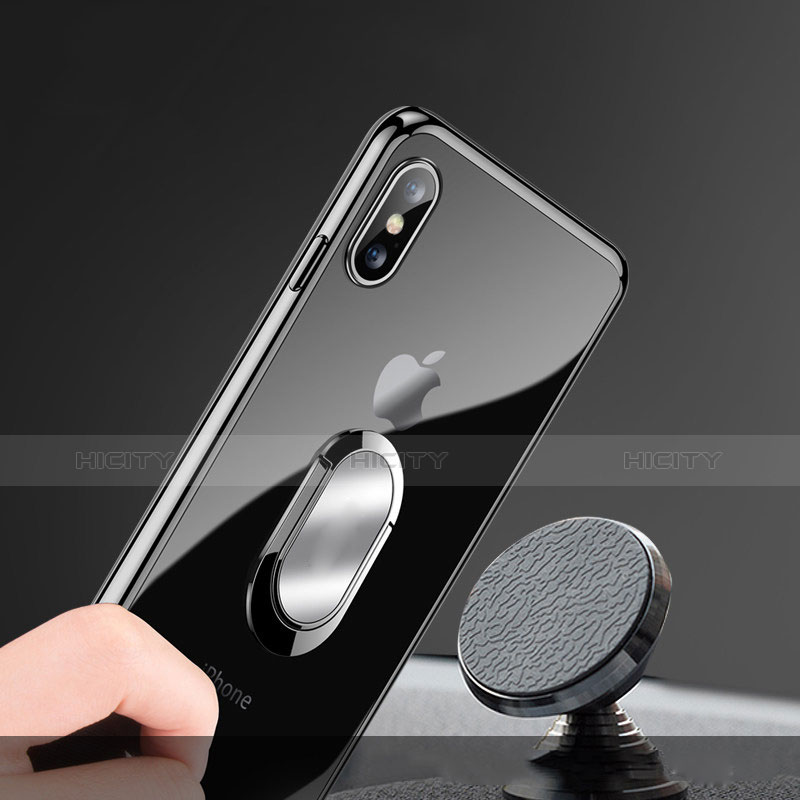 Funda Silicona Ultrafina Transparente con Anillo de dedo Soporte T01 para Apple iPhone X Negro