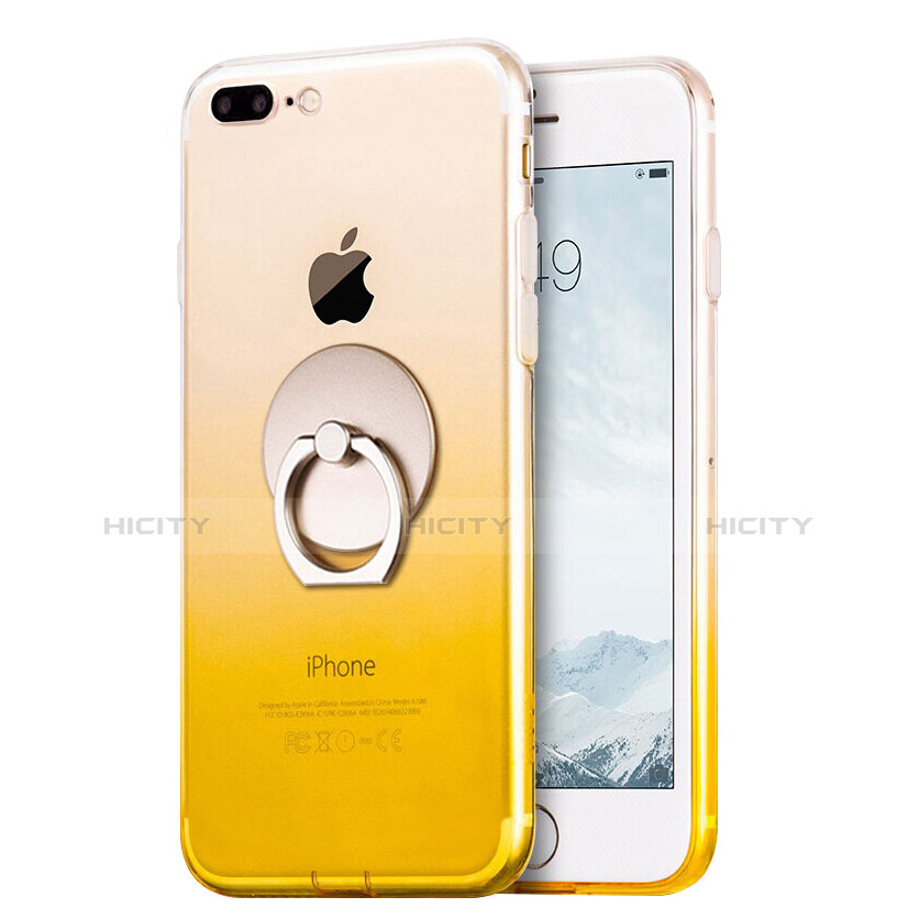 Funda Silicona Ultrafina Transparente Gradiente con Anillo de dedo Soporte para Apple iPhone 7 Plus Amarillo