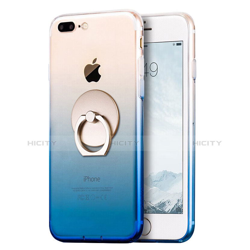 Funda Silicona Ultrafina Transparente Gradiente con Anillo de dedo Soporte para Apple iPhone 7 Plus Azul