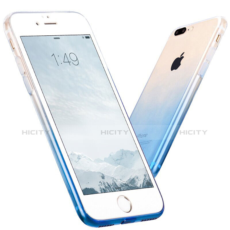 Funda Silicona Ultrafina Transparente Gradiente con Anillo de dedo Soporte para Apple iPhone 7 Plus Azul